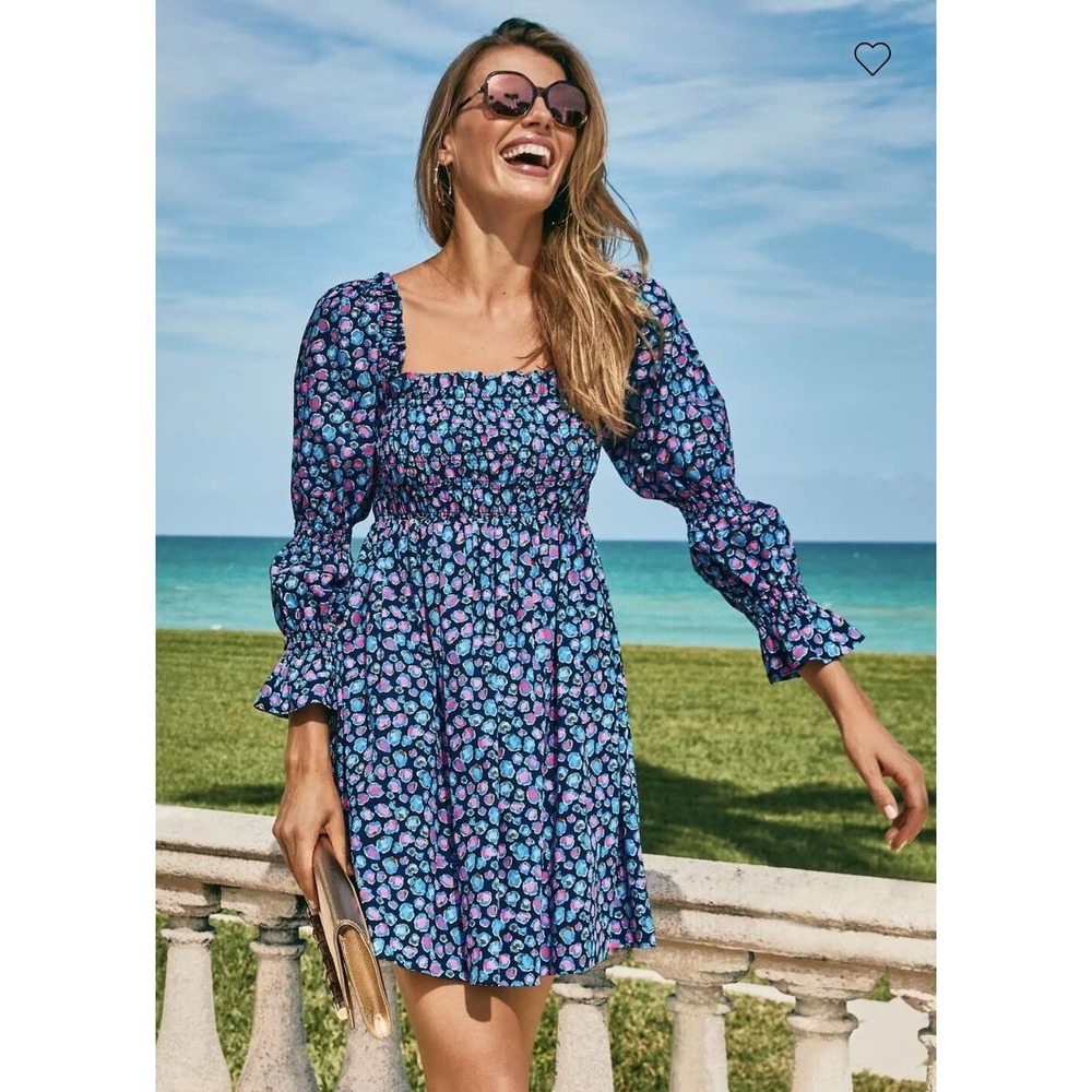 Lilly Pulitzer Beyonca Long Sleeve Smocked Mini Babydoll Dress Size XL Blue